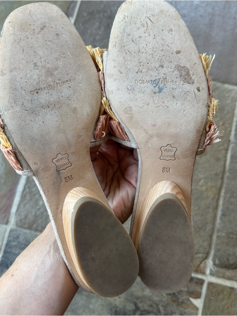 Donald J. Pliner Beige Reise Slide Mules with Pink and Yellow Raffia Fringe sz 8 - Picture 7 of 7